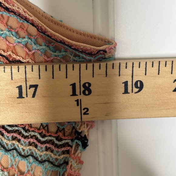 Women's Nina Leonard Crochet Striped Halter Maxi Dress LG  Coral Turquoise Boho - Picture 13 of 16